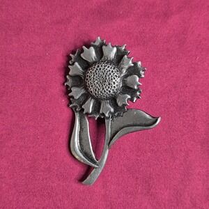 Vintage Metzke Sunflower Brooch Pin Pewter Matte Silver Floral Signed 2.25"